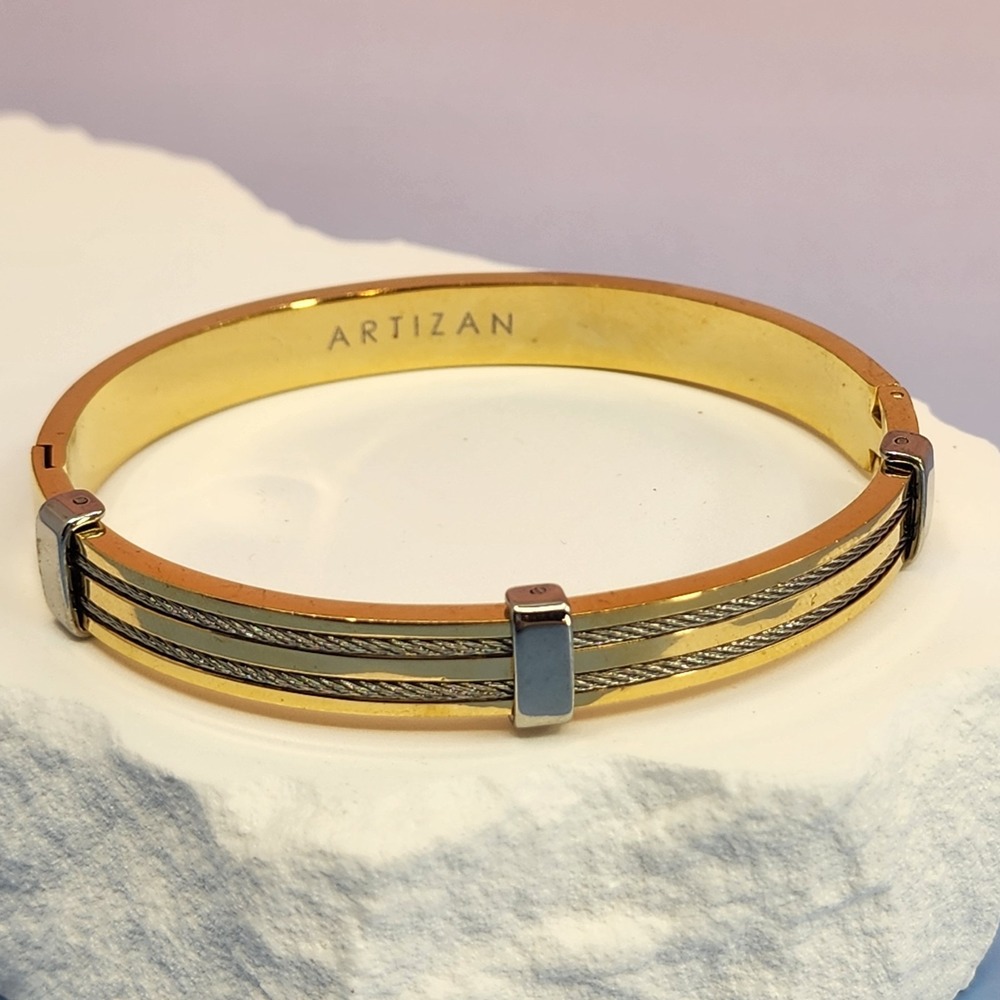 Artizan Two Tone Cable Hinged Bangle Bracelet Gold & Silver Tone Modern Gift